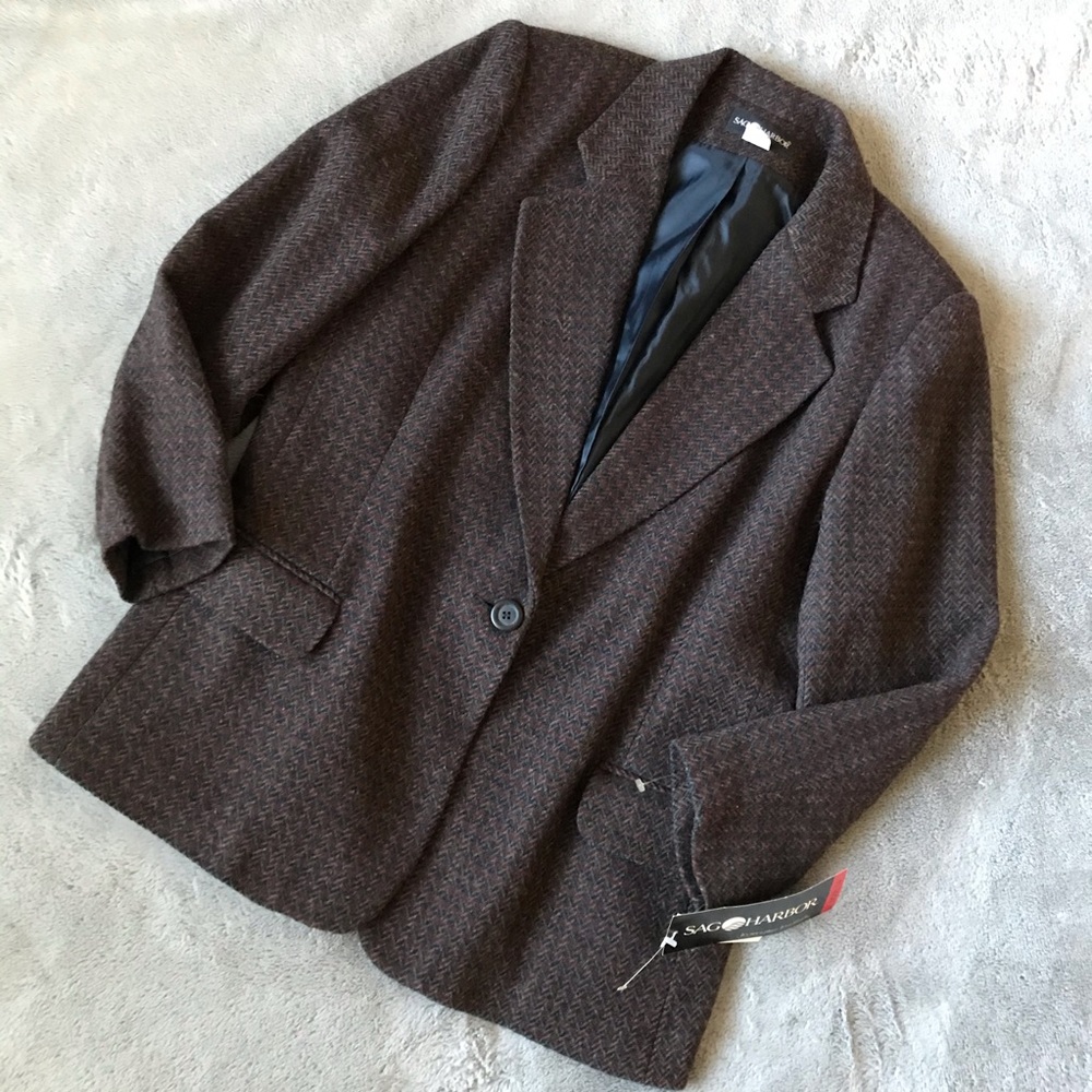 Vintage Classic Sag Harbor Burgundy & Blue Houndstooth Print Wool Women’s Blazer